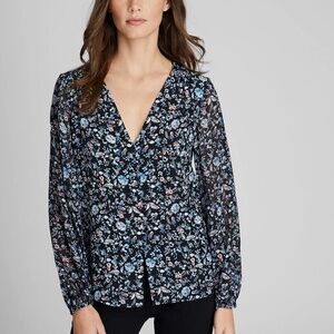 Printed Silk Button Detail Blouse - New WithTags - NEVER WORN - Blue Mix